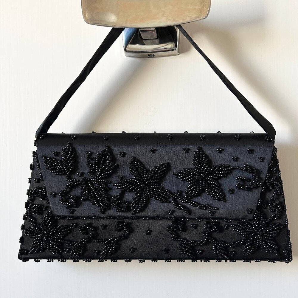 Vintage Star Brand Black Beaded Handbag Purse Satin Strap Snap Close Hong Kong